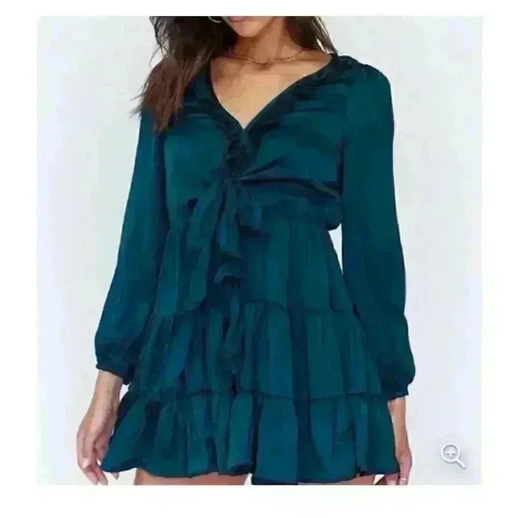 PRINCESS POLLY Emerald Green Ruffled Dress Tie-Front Sz 6 - Worn Twice - Picture 1 of 6